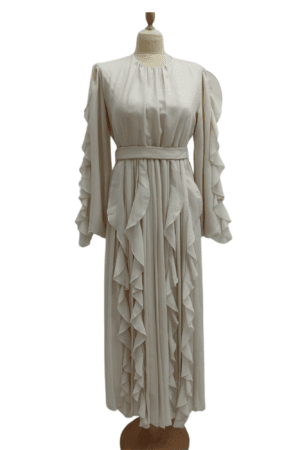 Chiffon Belted Long Sleeve Cocktail Dress - Cream