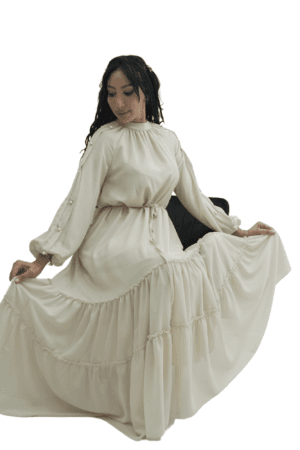Chiffon High Neck Cocktail Dress with Pearl Design - Cream