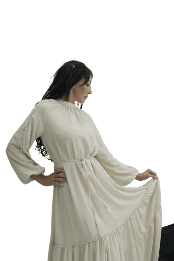 Chiffon High Neck Cocktail Dress with Pearl Design - Cream