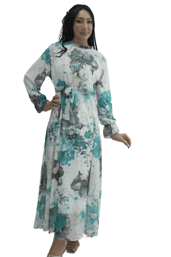 Floral Chiffon A-Line Cocktail Dress with Belt - Cream
