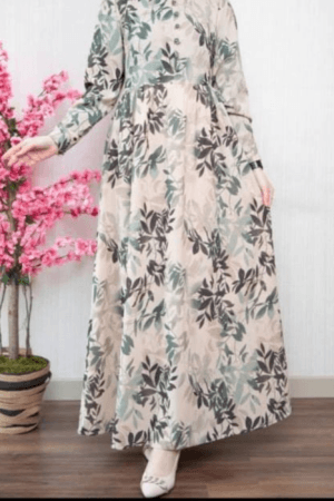 Printed Long Dress with Round Neck and Belt