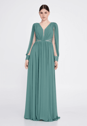 Long Sleeve Maxi Chiffon Wedding Guest Dress