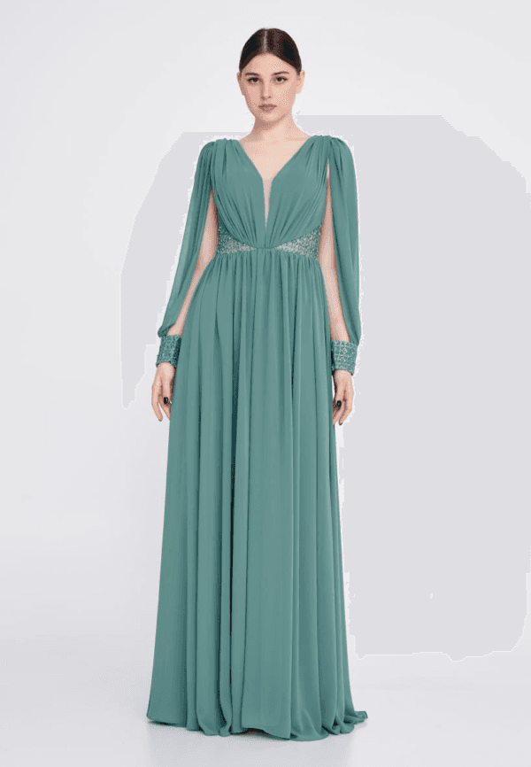 Long Sleeve Maxi Chiffon Wedding Guest Dress