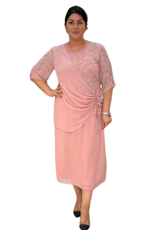 Crystal-Embellished Chiffon Dress with 3/4 Sleeves