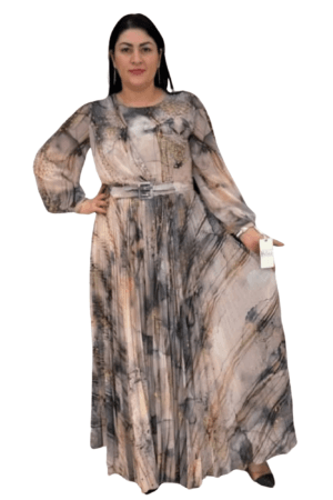 Round Neck Chiffon Maxi Dress with Belt - Beige