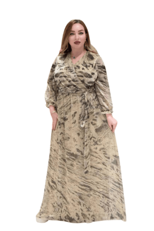 Printed Long Dress with Belt - Gold