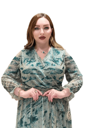 Printed Long Dress with Belt - Green