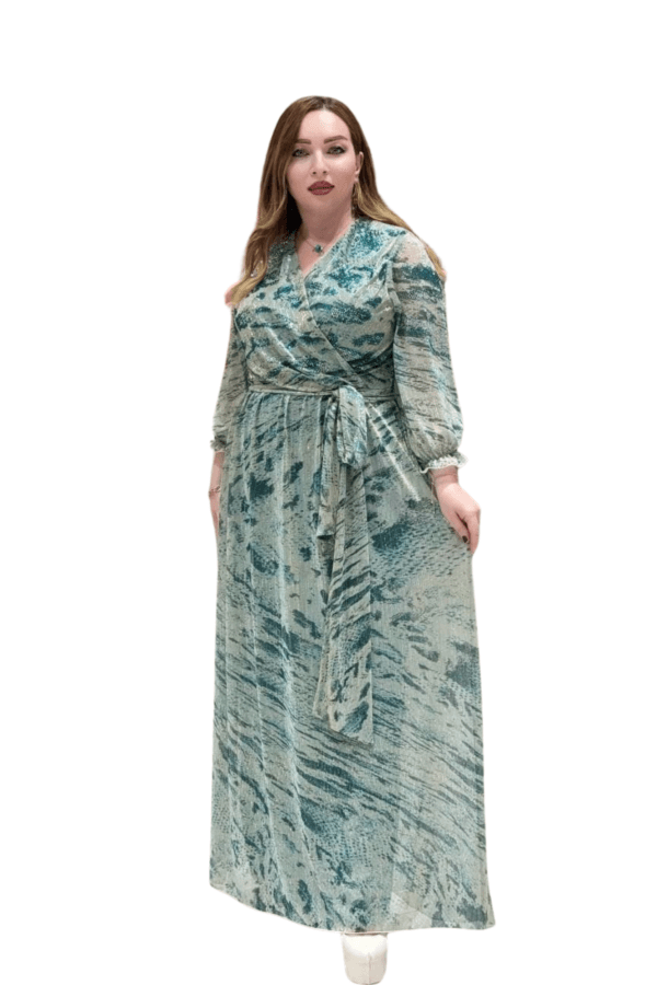 Printed Long Dress with Belt - Green