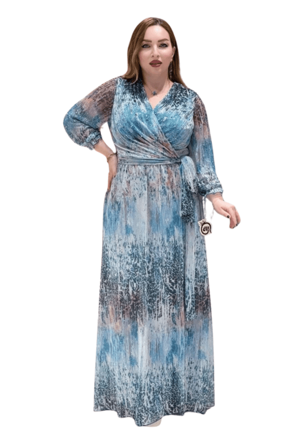 Printed Long Dress with Belt - Blue