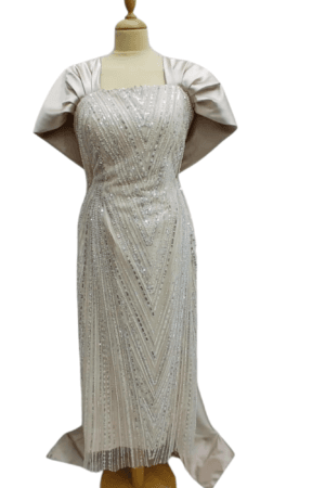 Crème Brûlée: Beige Crystal-Studded Gown with Satin Back