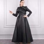 Noir Opulence: Full Black Organza High-Neck Gown