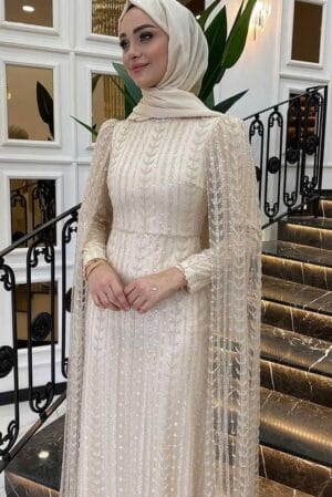 Champagne Crystal: Beige Satin and Crystal Gown