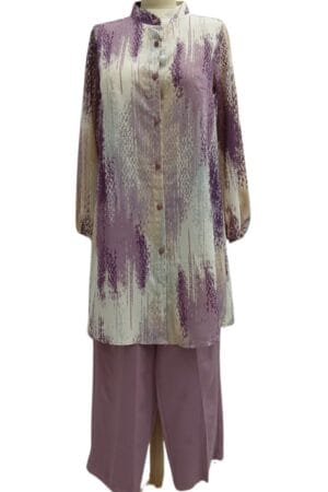 Collar Long Blouse and Trouser Set - Printed Long Sleeve Buttons