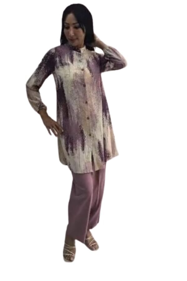 Collar Long Blouse and Trouser Set - Printed Long Sleeve Buttons