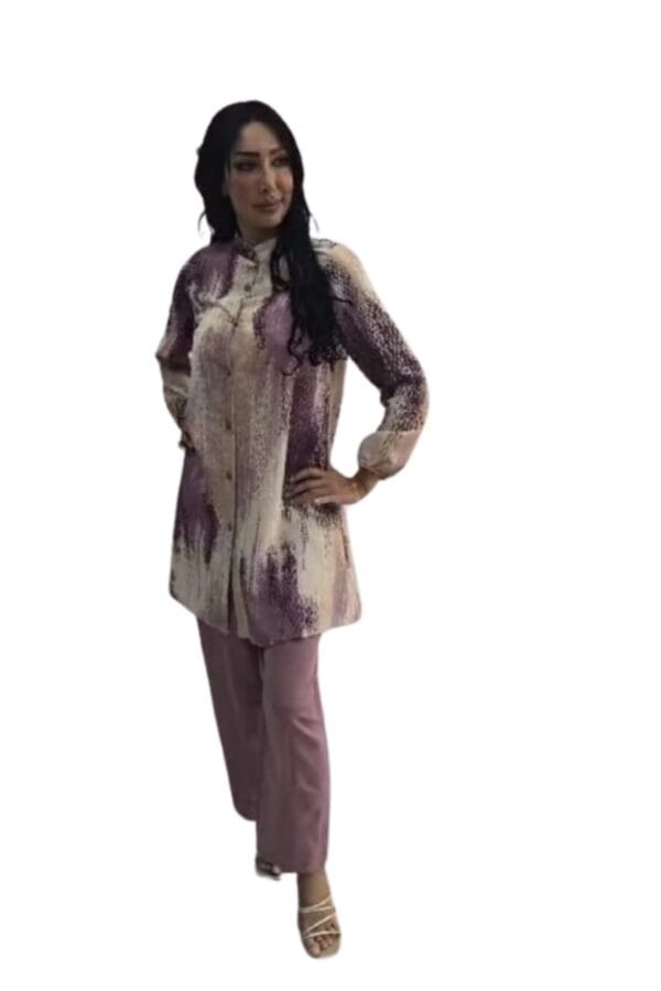Collar Long Blouse and Trouser Set - Printed Long Sleeve Buttons